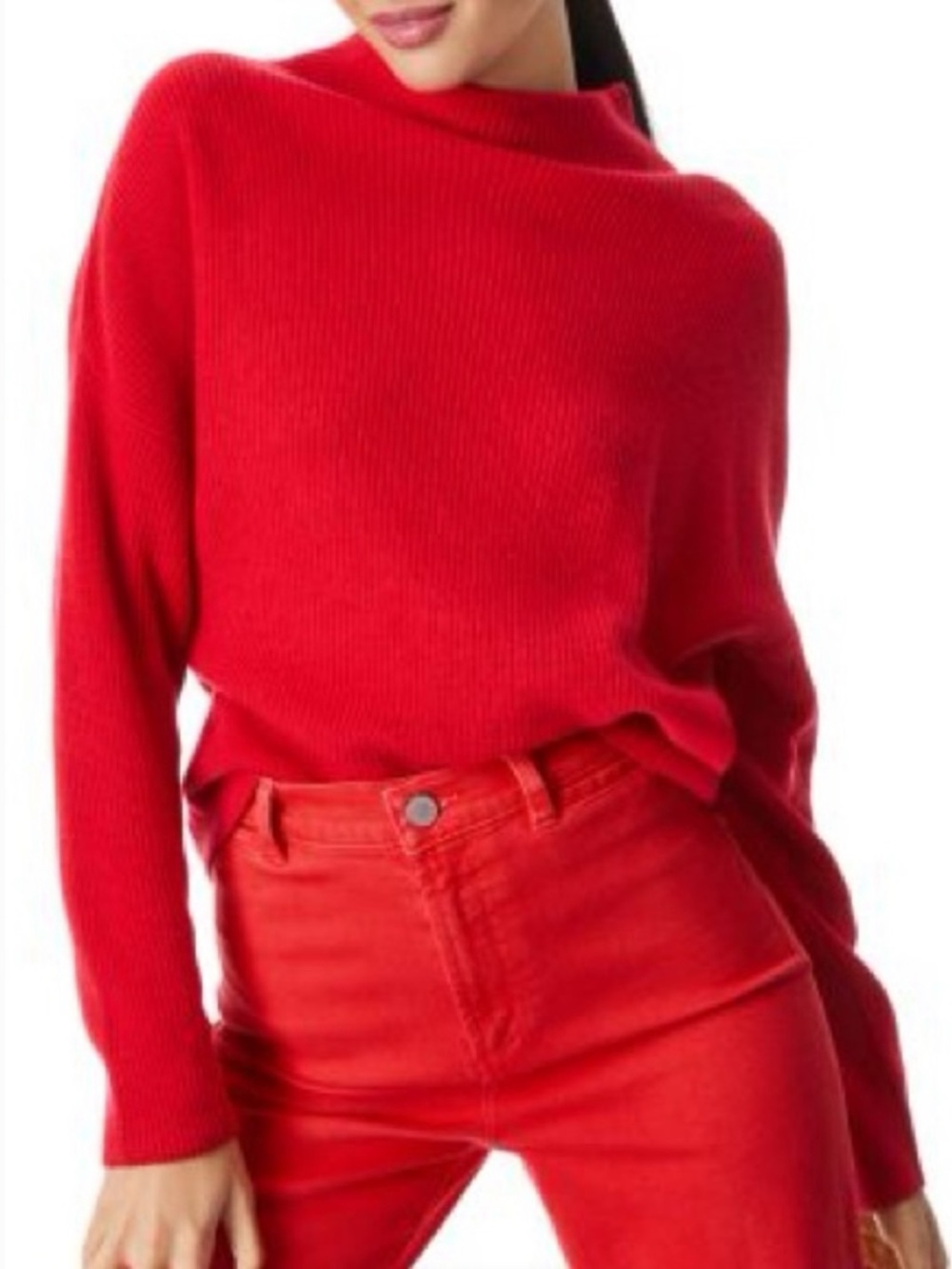 Alice + Olivia | Women’s Red Ribbed Cashmere Mock Collar Dolman Sleeve Sweater S